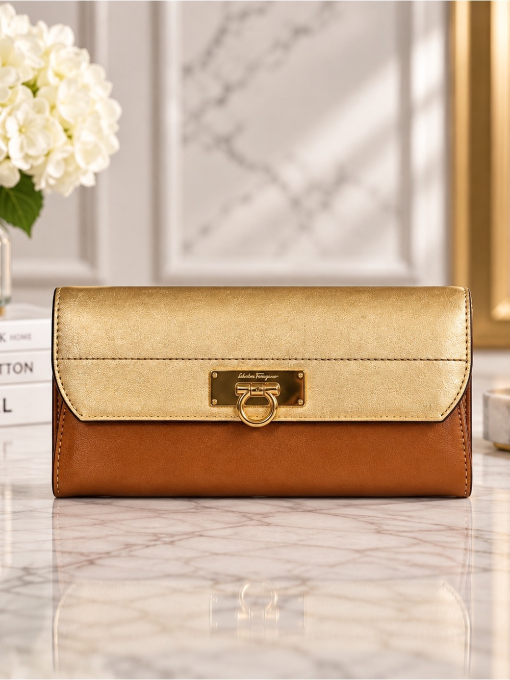 Salvatore Ferragamo Gancini Gold & Cognac Leather Long Wallet